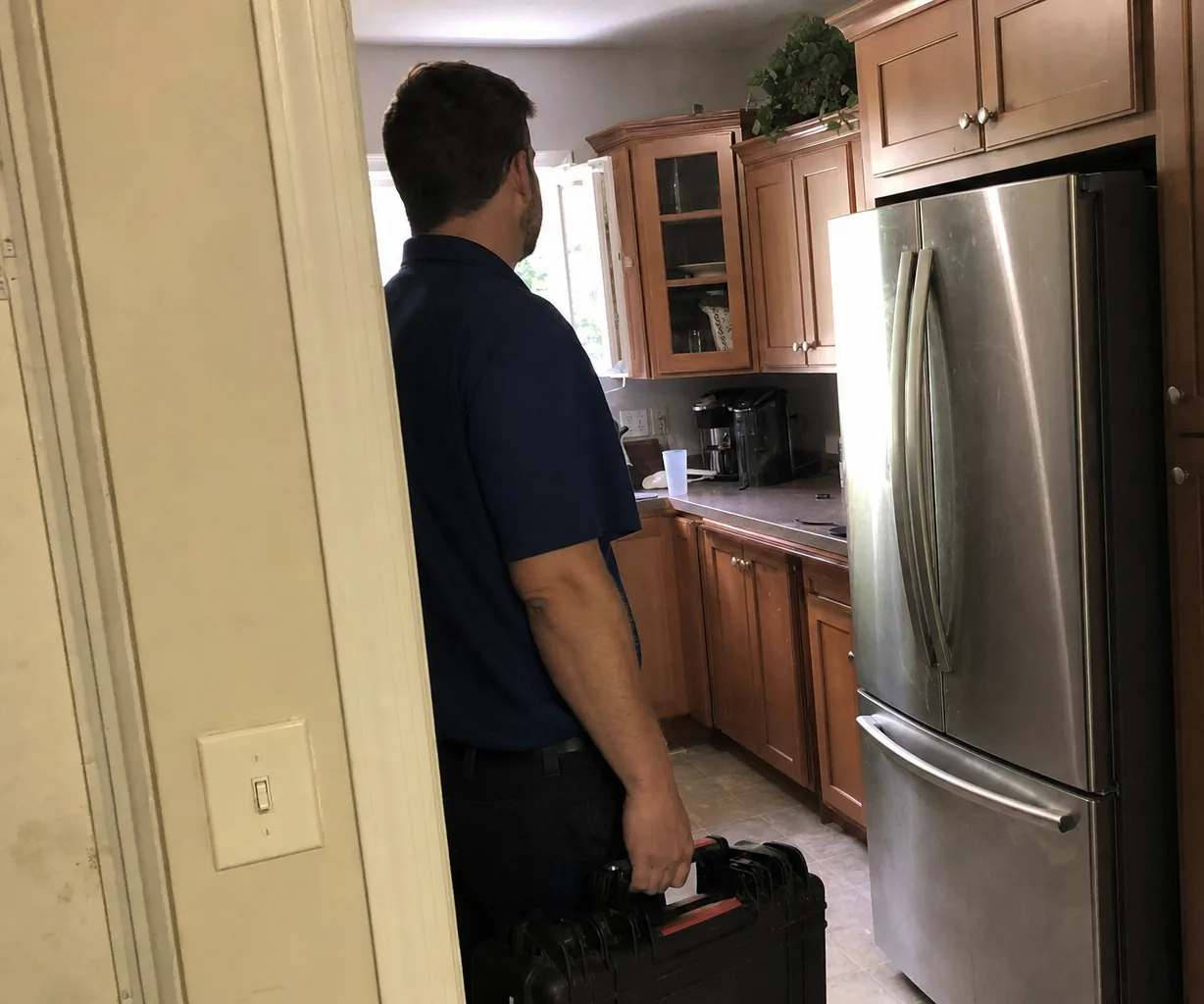 Left of a kitchen doorway - the door casing, a light switch and a technician stepping through with his case