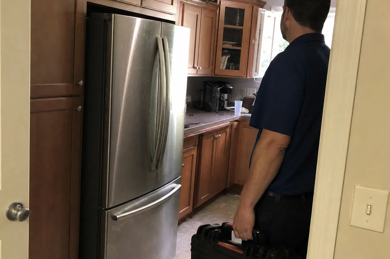 A technician stepping into a wood-cabinet kitchen, case in hand, morning light through the window behind him