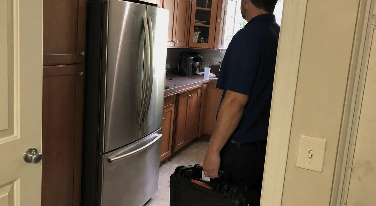 Lower half of an arrival - the hard tool case, the technician mid-step and the tiled kitchen floor beyond the doorway
