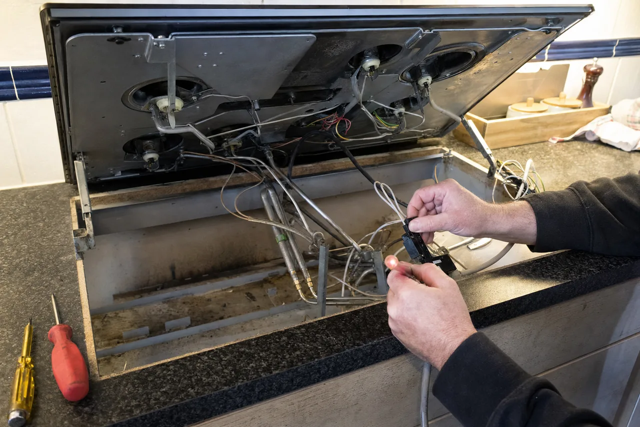 The same lifted cooktop mirrored - burner bowls, gas tubes and the harness that runs between them