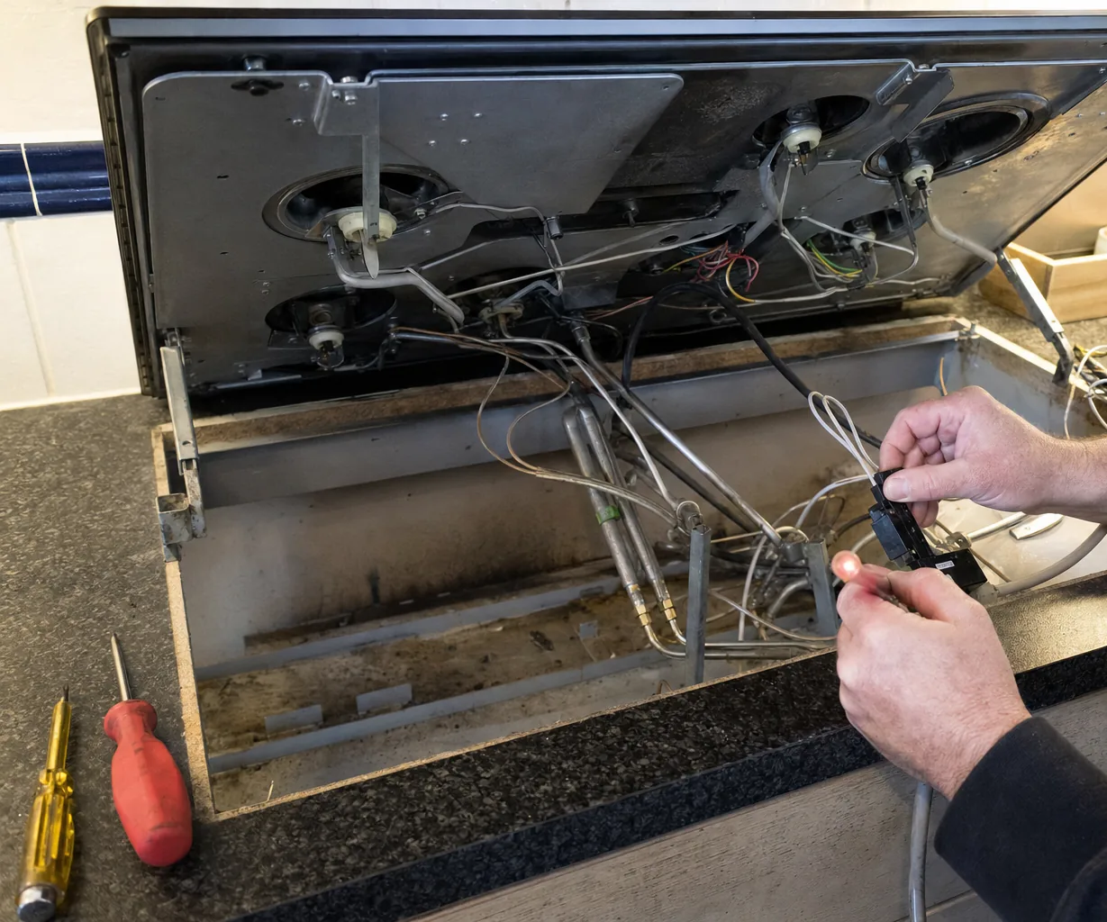A cooktop opened on its hinges, the electrode leads and burner underside exposed for testing