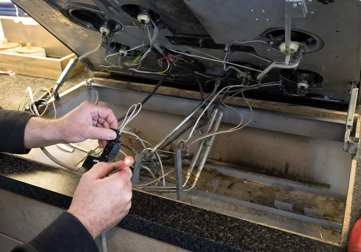 Wiring, spark leads and a module held under a raised cooktop, the kind of harness a surge travels along