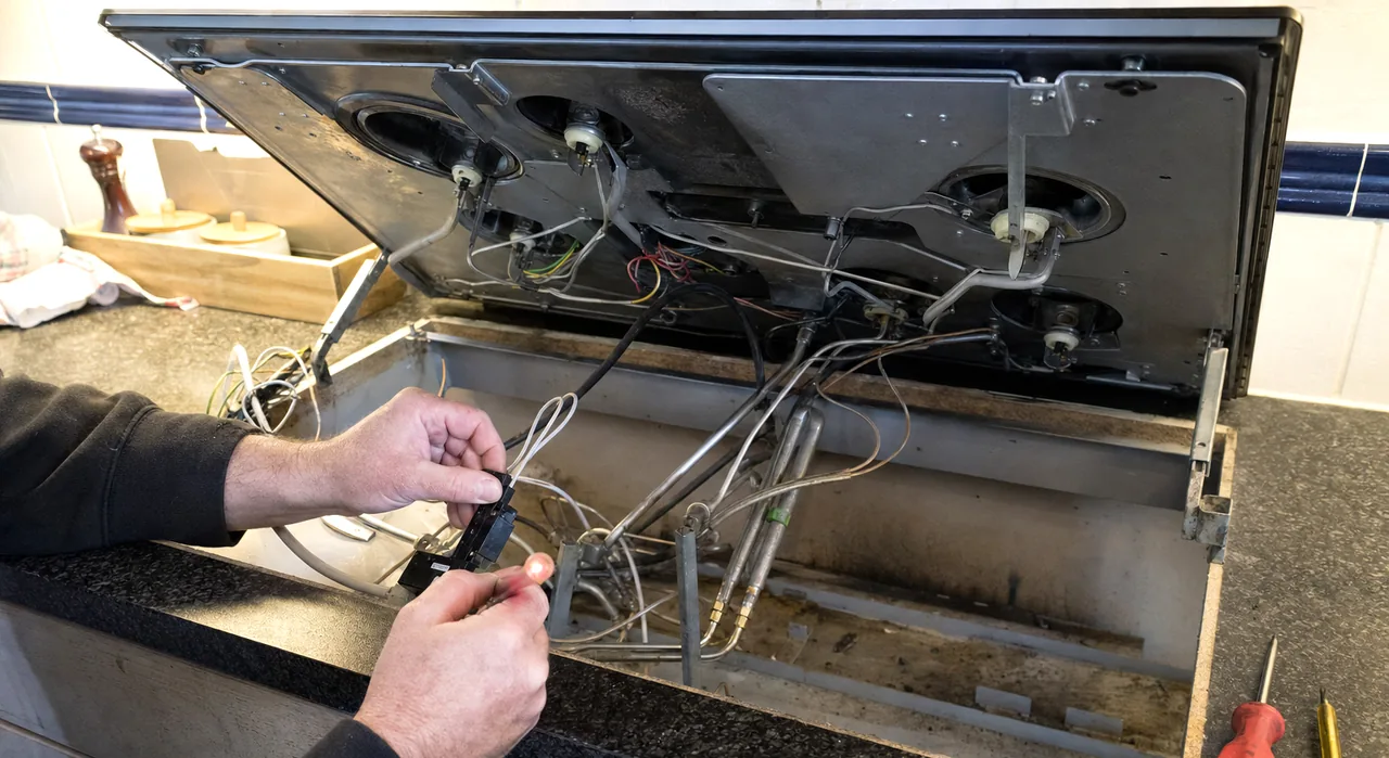 Upper half of a cooktop service - burner bowls, mounting brackets and the gas manifold seen from above