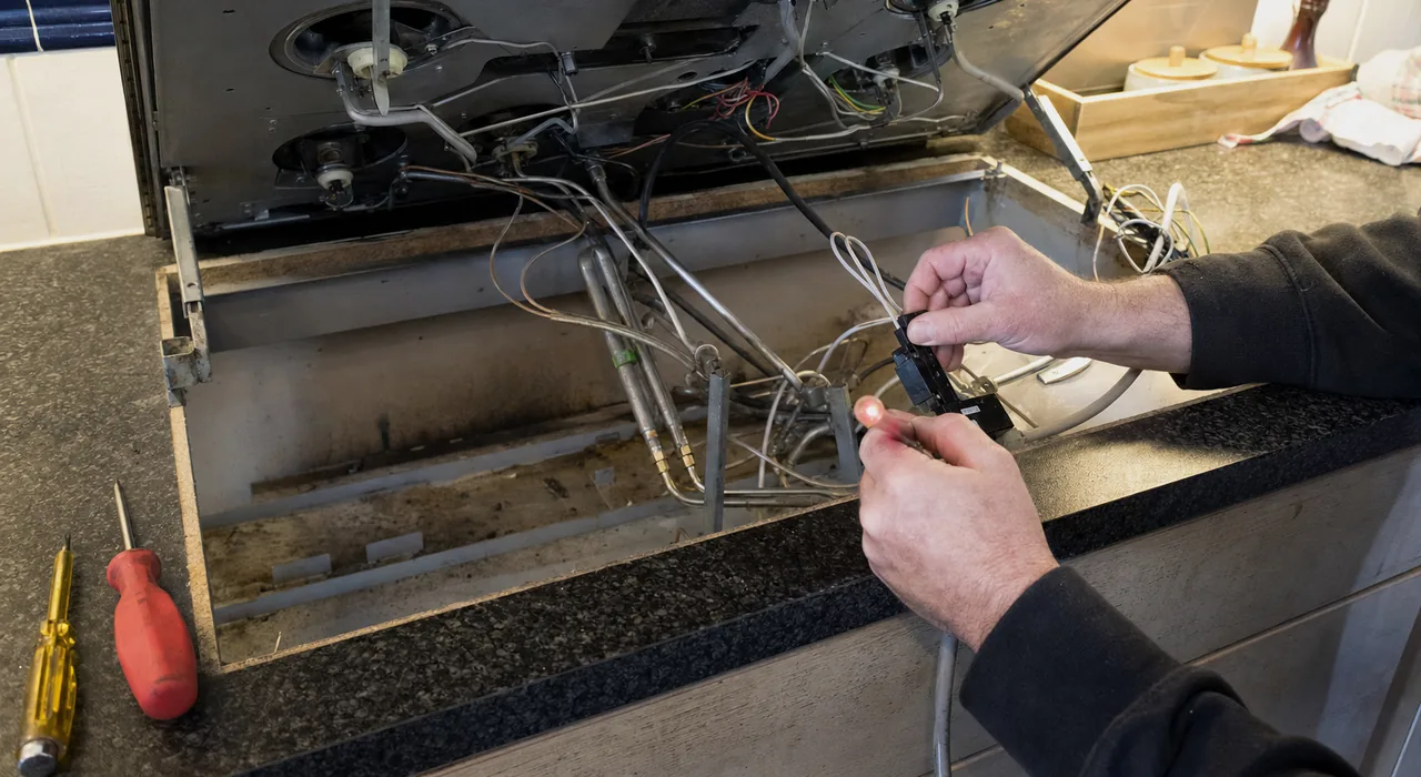 Lower half of a cooktop service - a pair of hands, the spark module and two screwdrivers laid on the counter