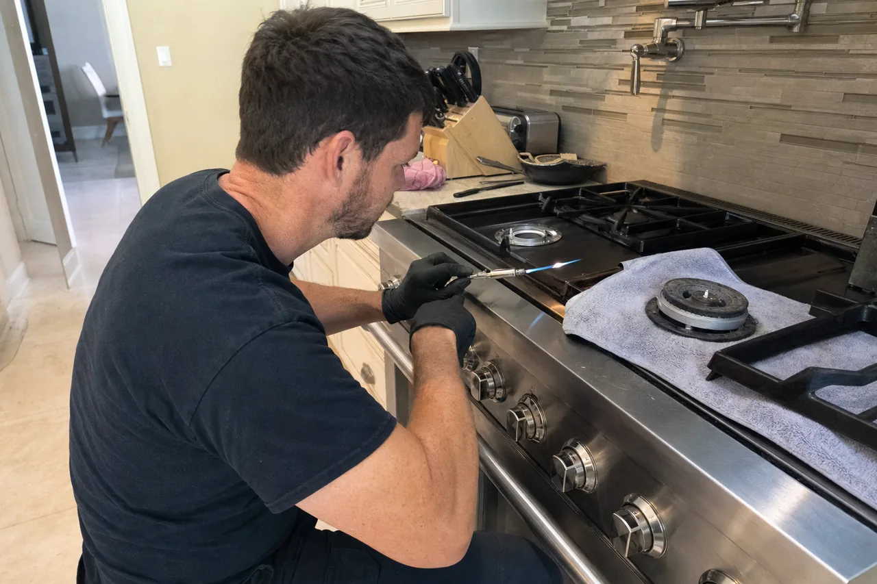 A technician kneeling at a stainless professional range, testing a burner with a torch, a burner cap resting on a towel