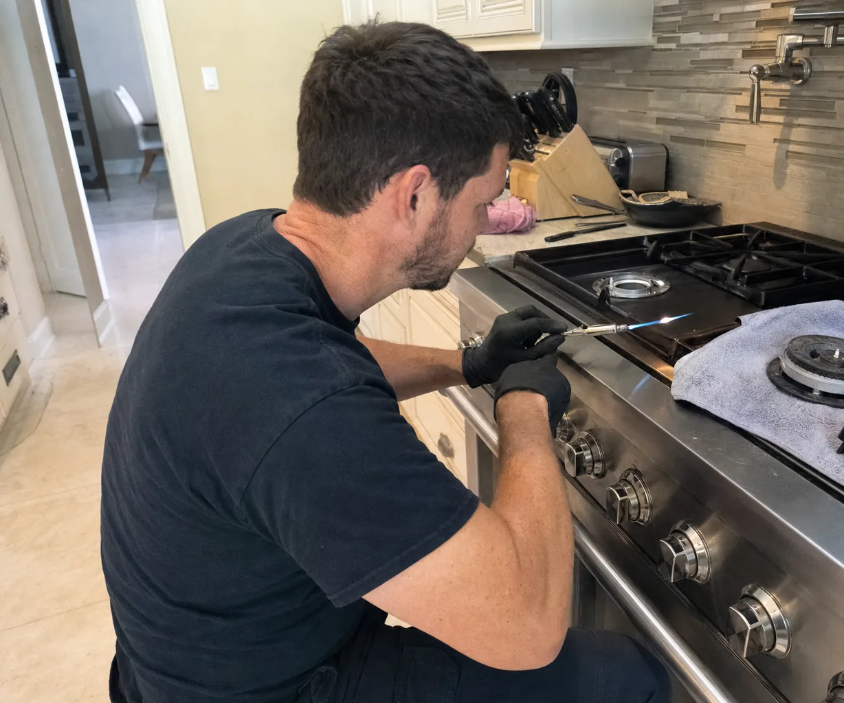 Left of a range call: the technician kneeling in the doorway light, working at the cooktop of a stainless range