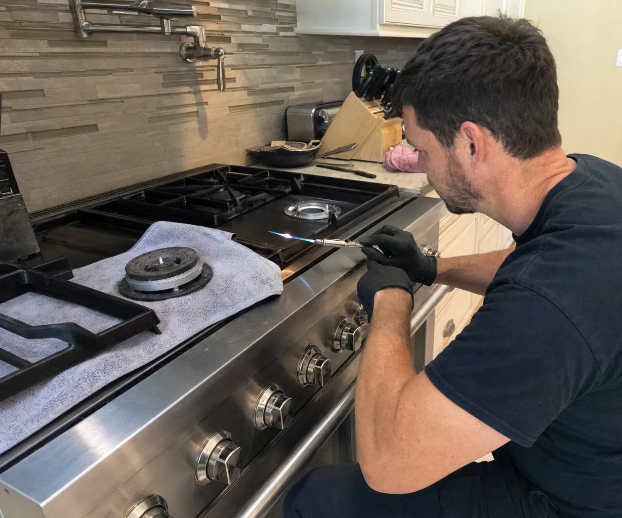 The cooktop end of a professional range, grate removed, burner cap on a towel and a lit torch at the port