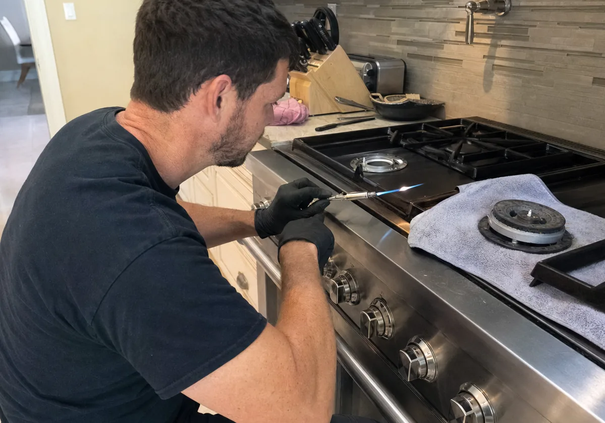 A professional range in an older kitchen with a tiled splashback and a pot filler above it, mid-service