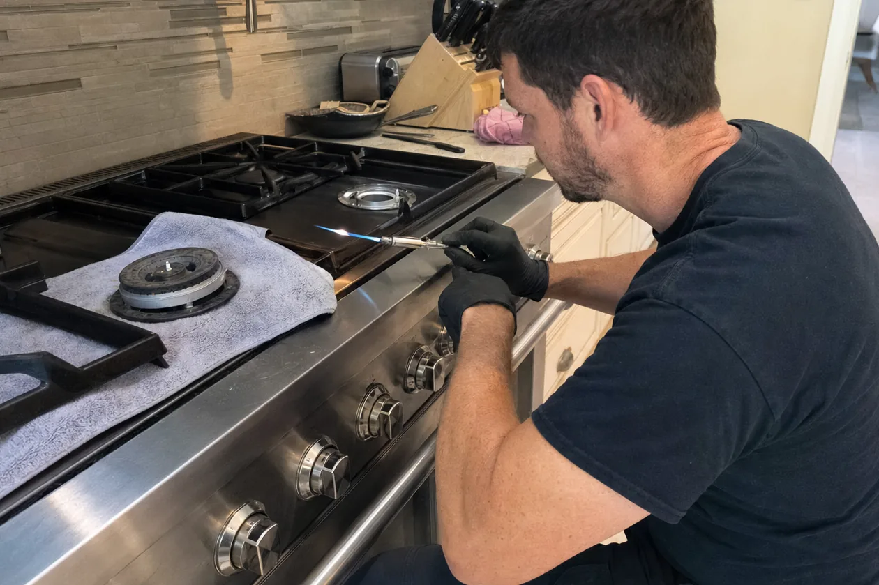 A technician at work on a stainless range in a newer kitchen, knife block and cast pan on the counter behind
