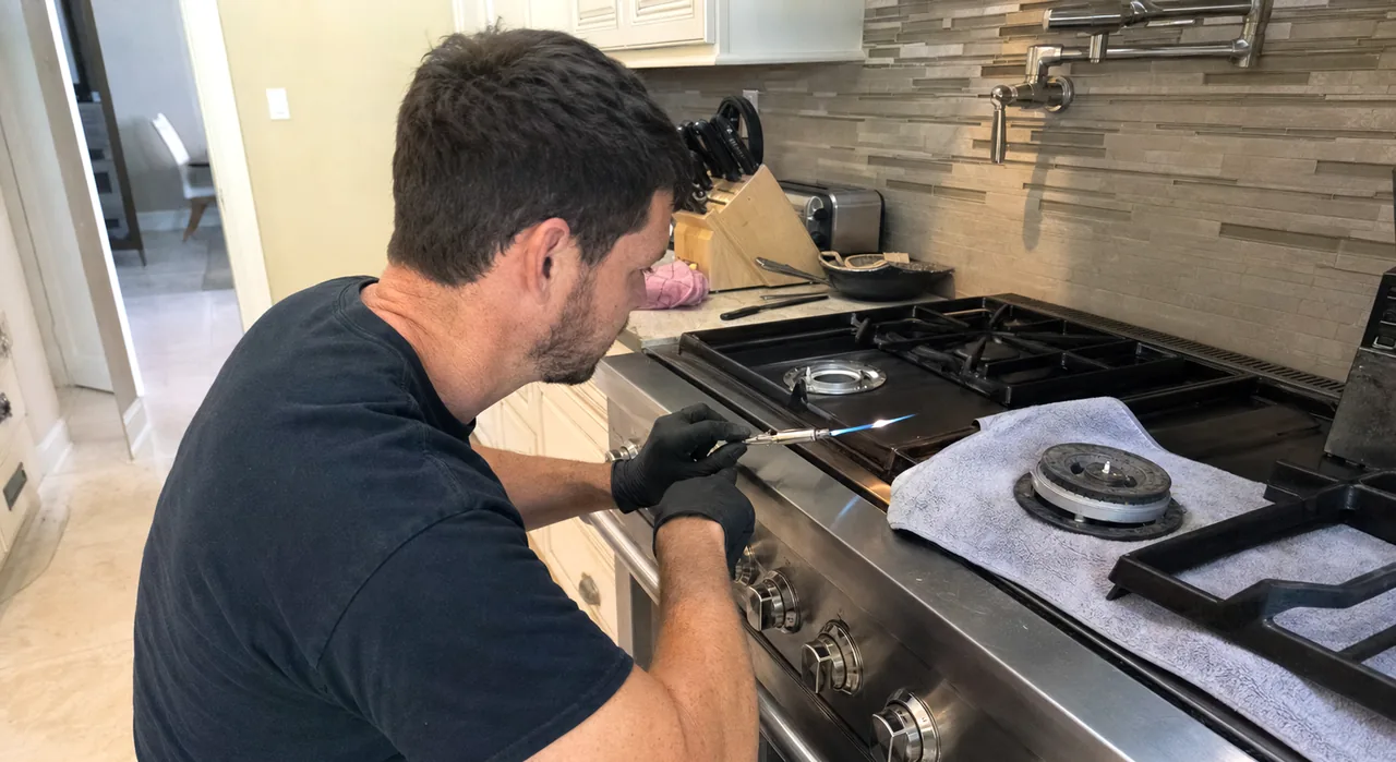 Upper half of a range call - the tiled splashback, the pot filler and the cooktop surface below it