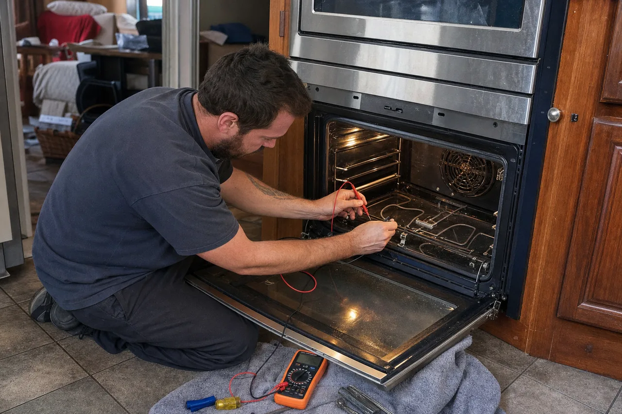 The same oven test mirrored - convection fan cover, racks and the meter leads at the element terminals