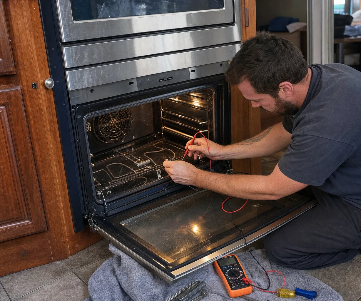 Left of a wall-oven call: the oven cavity, the convection fan cover and the lowered door on its hinges