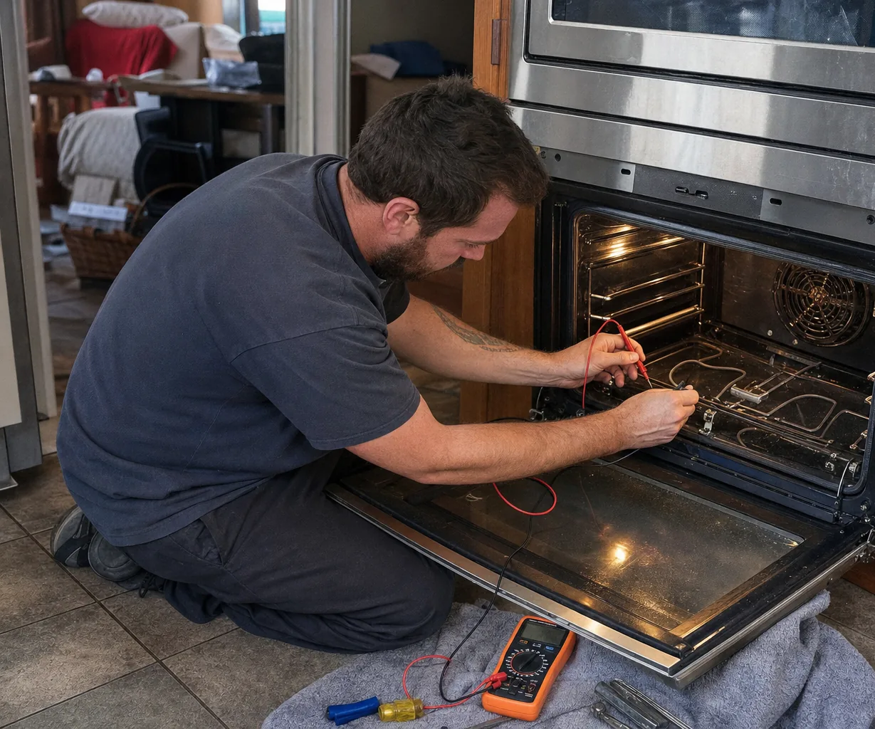 An open built-in oven with meter leads on the bake element and a multimeter on a towel on the floor