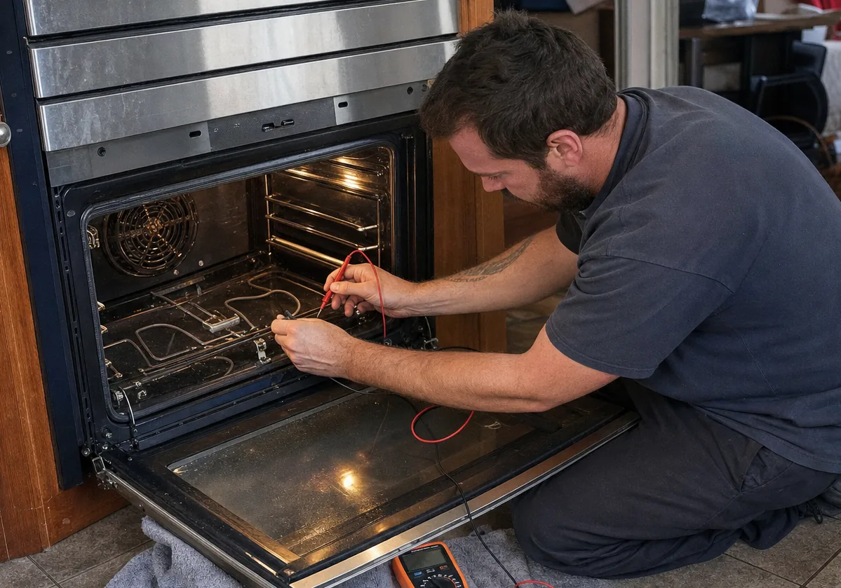 A built-in oven door lowered flat on its hinges, the glass panel and the hinge arms in view