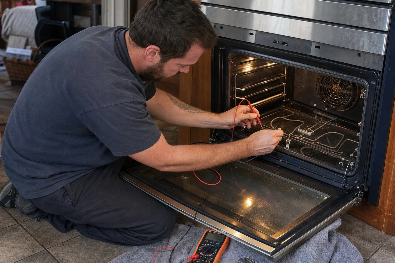 Meter leads across the bake element of a built-in oven, the technician reading the display out of frame